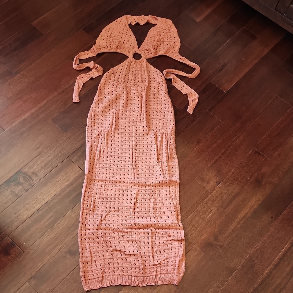 Crochet Center Ring Halter Coverup Dress, Sepia. Large - Picture 3 of 13